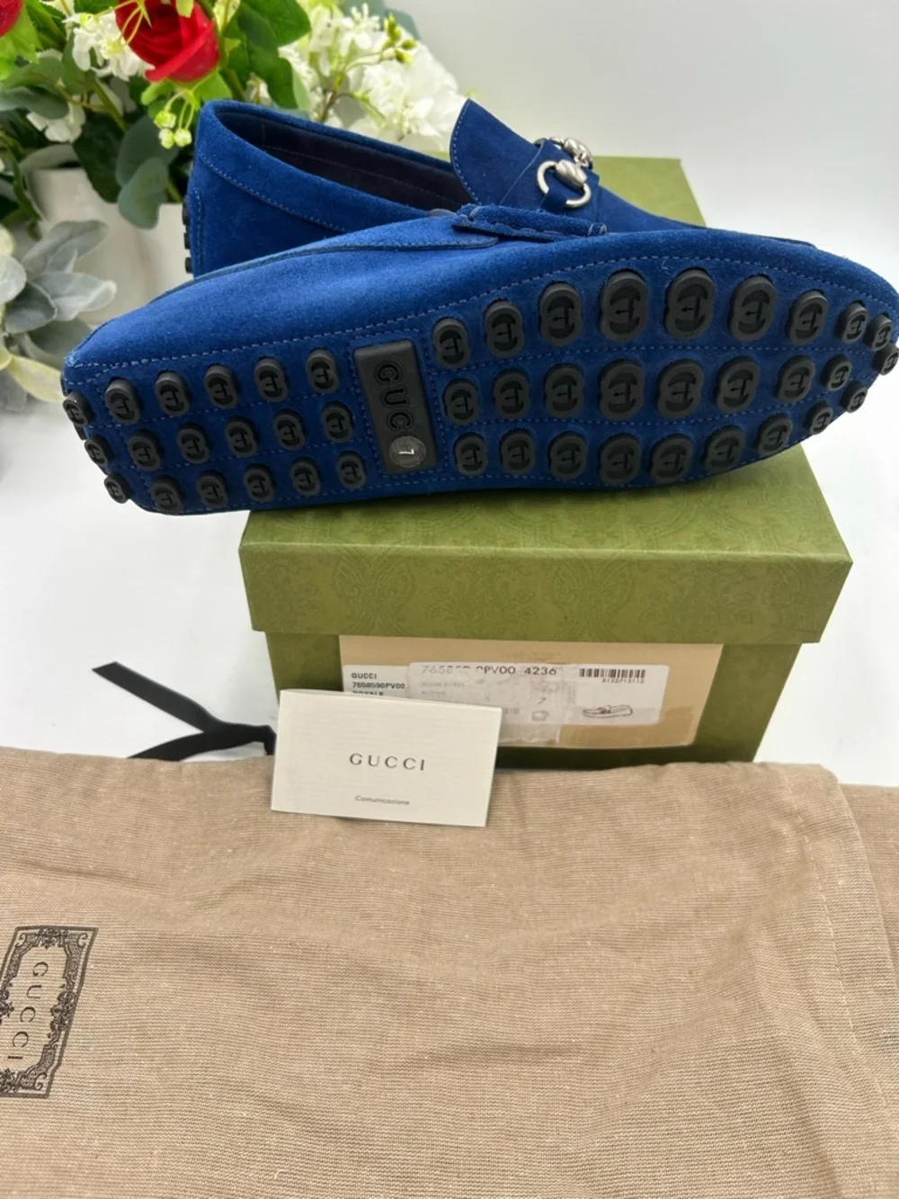 Men's Gucci horse bit blue suede loafers size 7 fits 8 US made in Italy